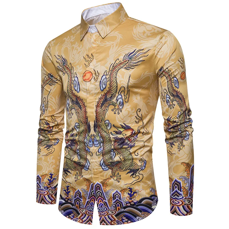 Желтая китайская рубашка с принтом дракона Мужская Chemise Homme новая брендовая мужская рубашка-смокинг вечерние рубашки для выпускного вечера Мужская 3XL