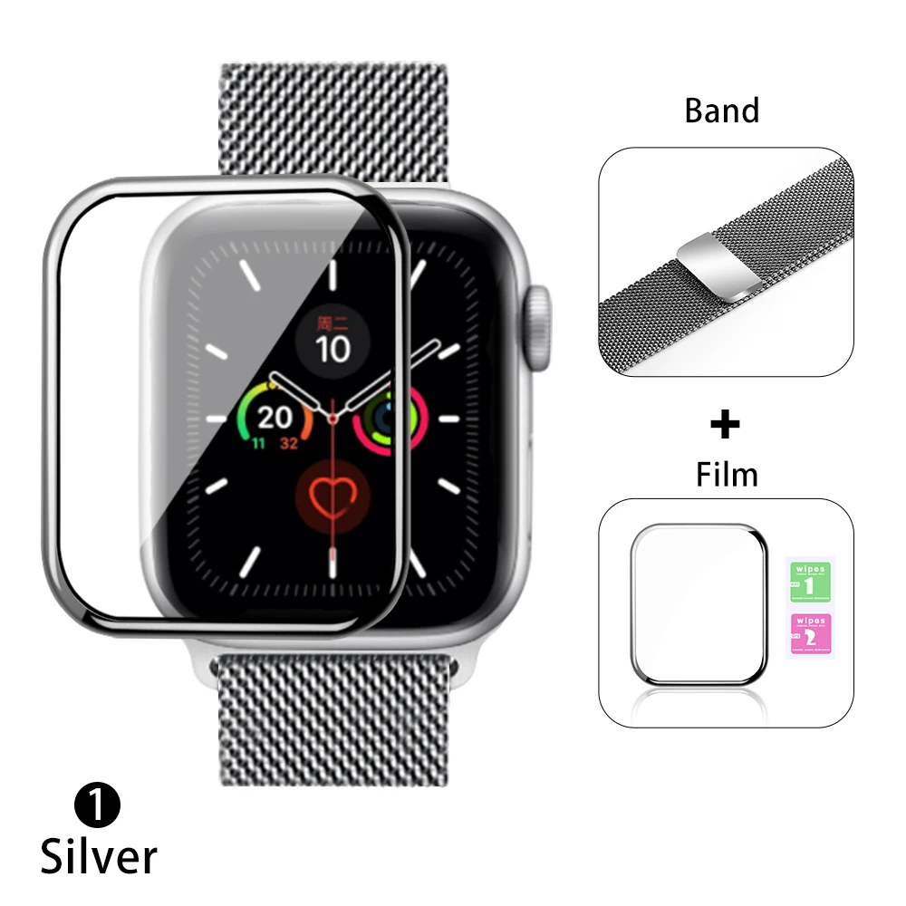 Миланская петля для Apple watch 42 мм 38 мм 40 мм 44 мм браслет ремешок+ Защитная пленка магнитная пряжка для iwatch серии 5 432 - Цвет ремешка: Silver