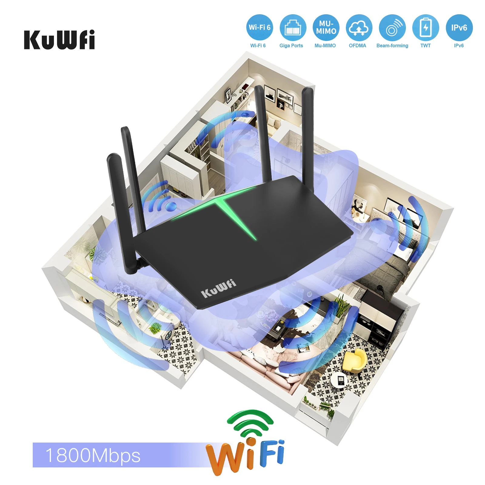 1800Mbps WiFi 6 Wireless Wifi Router Dual Band 2.4G/5Ghz Wi-fi Router With RJ45 WAN Port ​Support 128 Users And WPS WPA WPA2