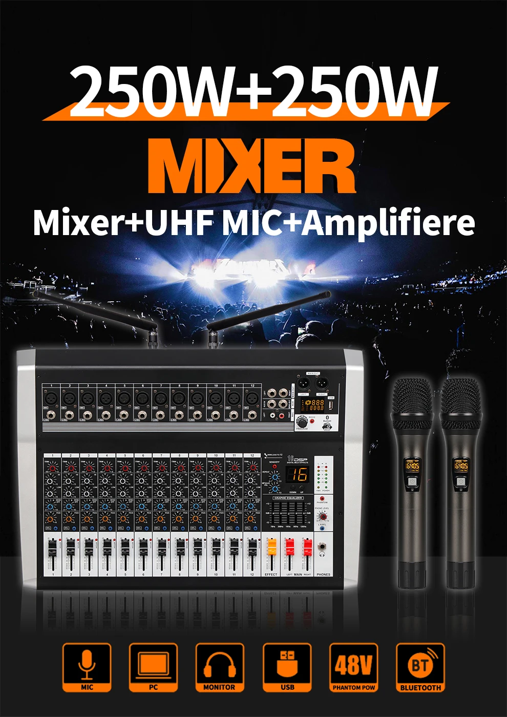 bluetooth 250w * 2 amplificador dj mixer 48v