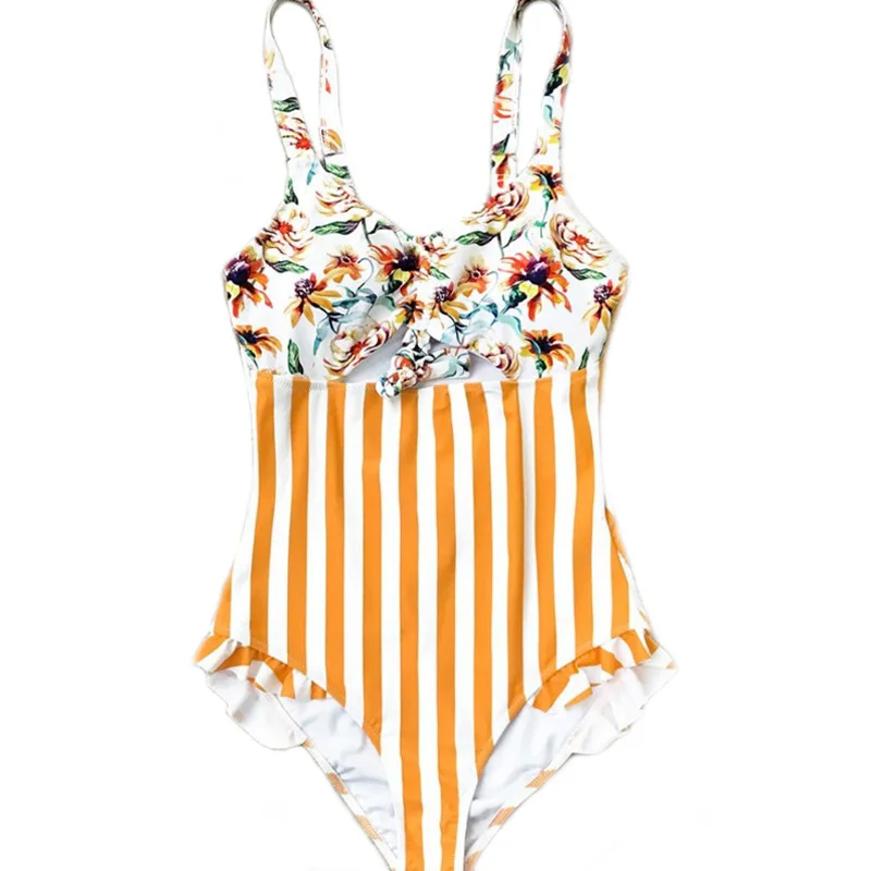 

Orange Floral and Stripe Ruffle One-Piece Swimsuit Women Swimwear Boho Beach Bathing Suits
