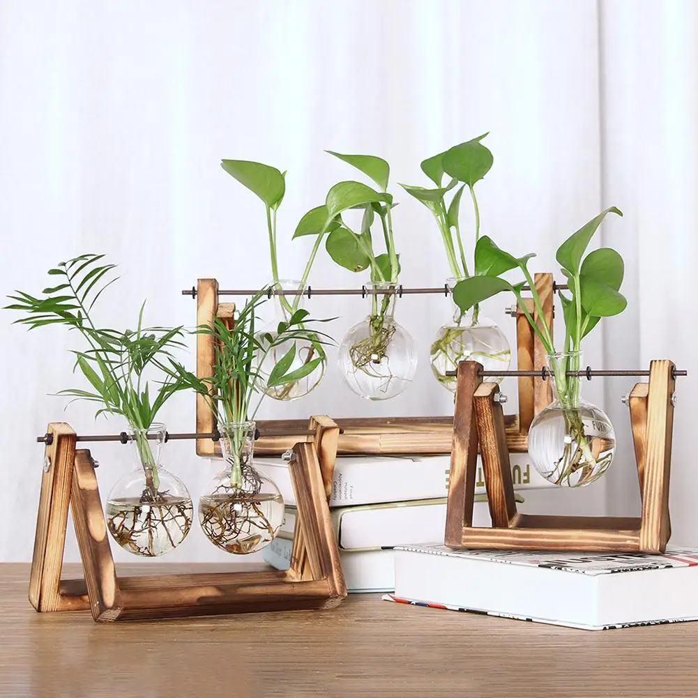 Bulb Glass Planter Vase Terrarium Flower Plant Container With Wooden Stand 3AB7 