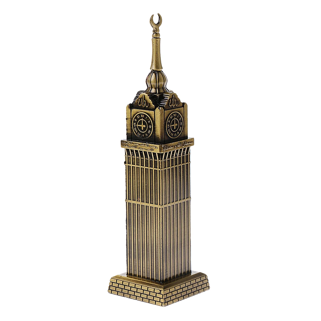 Retro Metal Mecca Tower Statue w/ Clock Building Figurine Model for Home Decor Bars Cafes Restaurants Wedding Party Ornament