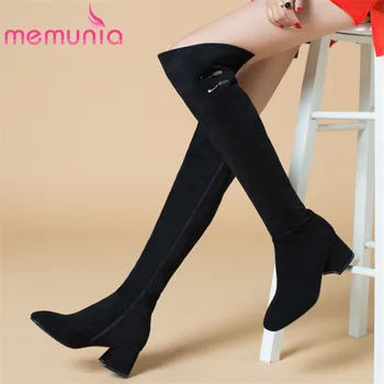 

MEMUNIA 2020 new arrival over the knee boots women flock round toe square high heels shoes ladies autumn winter stretch boots