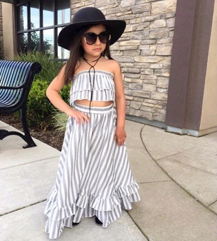 

2019 Summer 2Pcs Kids Baby Girls Clothes Striped Strapless Tops Long Dress Sundress Outfits Set