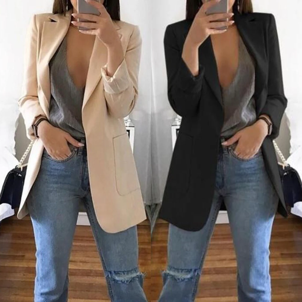 Fashion Slim Blazers Women Autumn Suit Jacket Female Work Office Lady Suit Black with Pockets Business Notched Blazer Coat