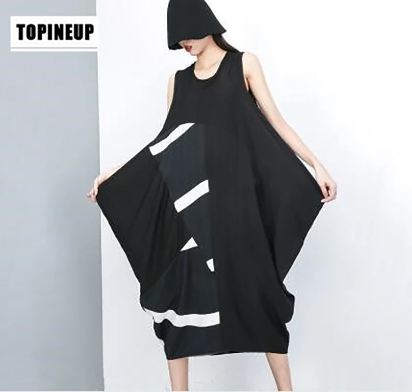 

Women Clothes 2019 Summer Sleeveless Cotton Linen Loose Dress Vintage Gothic Black Dresses for Ladies Striped Patchwork Robe