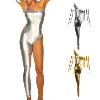 

Womens Metallic One Leg One Shoulder Catsuit Cat Lady Disco Wet Look Costume Gloves Set