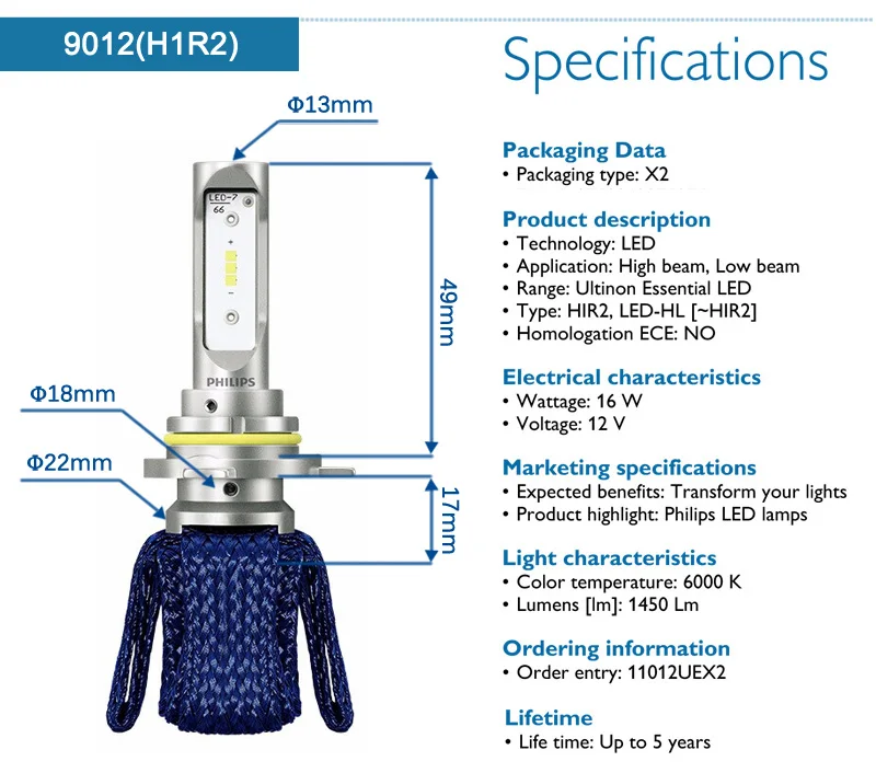 Philips H4 H7 H8 H11 H16 9005 9006 HB3 HB4 9012 LED Ultinon Essential 6000K  Headlight