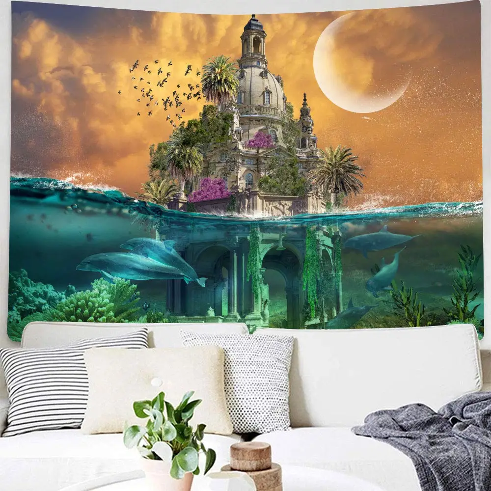 

Fantasy Tapestry Arabian Castle at Ocean Fairy Tale Landscape Illustration