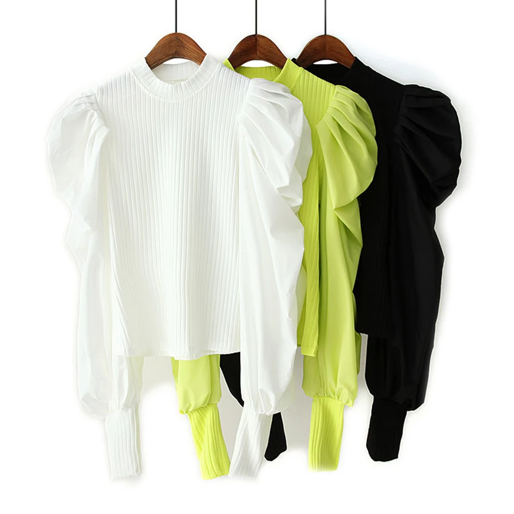 

Women Pullover Sweater Autumn 2019 New Fashion Puff Sleeve Stretch Knited Body Patched Poplin Sleeve Modern Lady Ruffles Tops