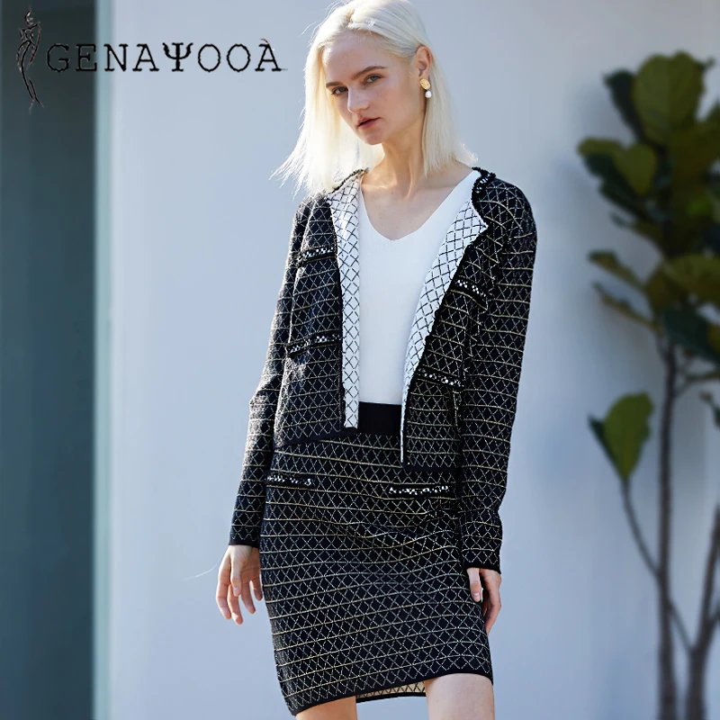 

Genayooa 2 Piece Set Women Skirt Elegant Plaid Cashmere Suit With Skirt Winter Long Sleeve Knitted Suits For Women Cardigan