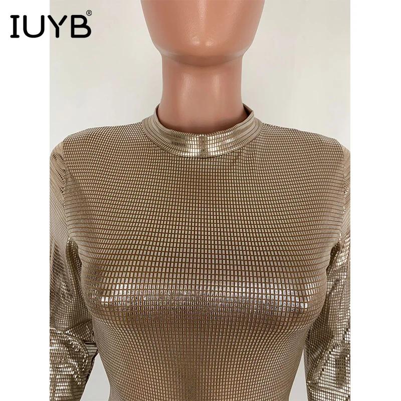 IUYB Весна Высокая сексуальная Новинка Модные женские мини-комбинезоны с круглым вырезом с длинным рукавом обтягивающие блестящие женский пляжный костюм ML7165