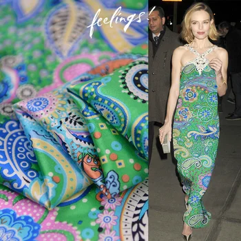 

Colorful paisley print on green silk stretch satin silk Charmeuse fabric for dress,SSC448