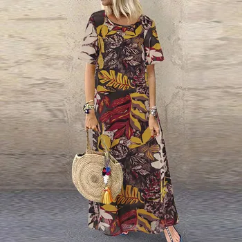 

plus size dress linen dress Women Vintage Flower Print O-Neck Short-Sleeve Plus Size Casual Long Dress vintage dress