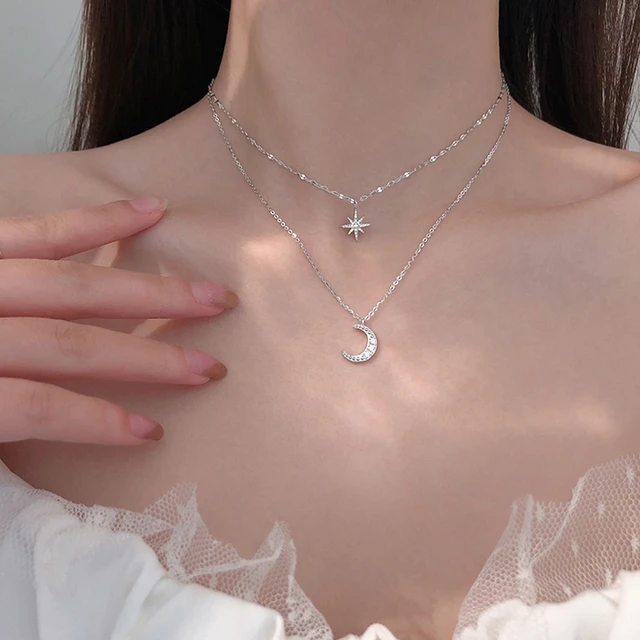 Gargantilla de doble capa de de Ley 925 para mujer, de circón collares con colgantes Luna brillante, Simple, estrellas, regalo, fina, NK092 _ - AliExpress Mobile