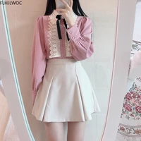 Womens Basic Office Lady Work Wear Cute Vintage Bow Tie Top White Lace Single Breasted Button Solid White Pink Shirts Blouses 2