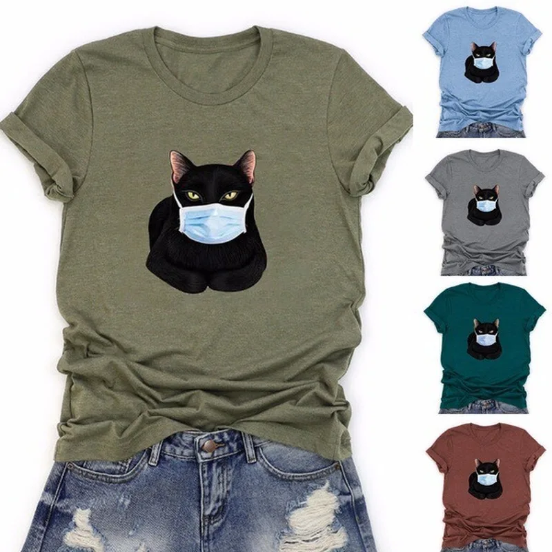 

Wearing Mask Cat Print T Shirt Women Short Sleeve O Neck Loose Tshirt Summer Women Tee Shirt Tops Camisetas Mujer
