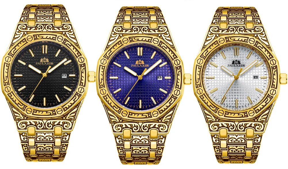 Lusso antico intagliato vintage luminoso oro rosa oro giallo argento 2 toni blu quarzo classico da uomo_voghion.com