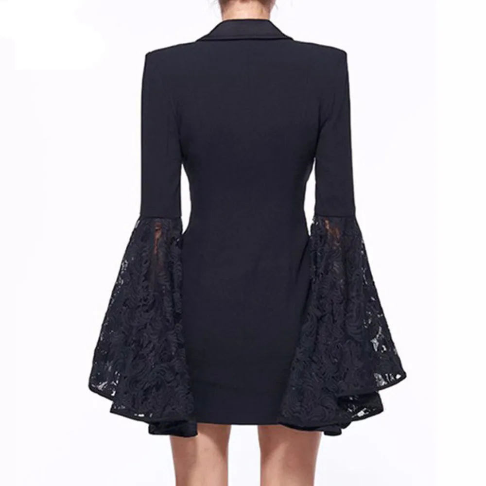 

Autumn And Winter Hot Selling Large Size Dress Lace Sleeve Fold-down Collar Double Breasted Long Small Suit Coat Wear