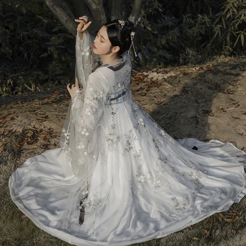 Белый Hanfu женские традиционные танцевальные костюмы народный фестиваль наряд вышивка платье феи сценический Rave представление одежда DC2705