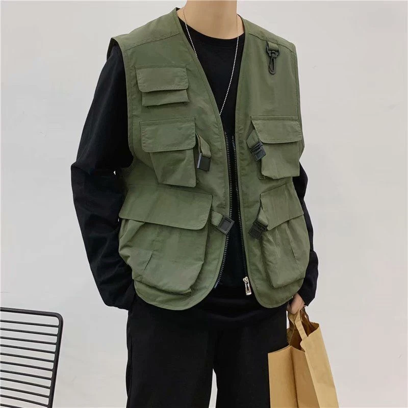 Chaleco verde militar para hombre, chaqueta sin mangas, de abrigos militares con múltiples bolsillos de carga, primavera y verano| - AliExpress