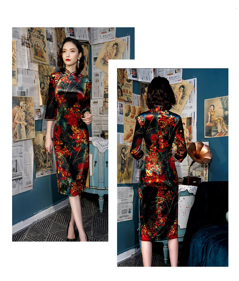 Шэн Коко красный черный бархат Ципао новый плюш с длинным рукавом печать Чонсам китайский стиль Ципао платье женская одежда