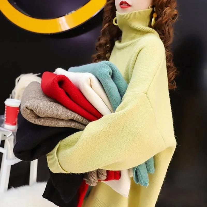 Женский Повседневный свитер большого размера, новинка, осенне-зимний женский свитер с длинным рукавом и высоким воротником, свободные вязаные свитера, платье AA5240