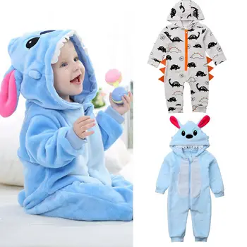 

Newborn Baby Boys Girls Stitch Dinosaur Flannel Hooded Romper Jumpsuit