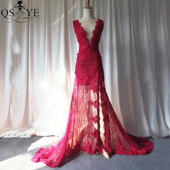 

QSYYE Broken Size Clearance Special US12 Red Evening Dresses Mermaid Illusion Nude Lace Long Formal Dresses Fish Tail Gowns