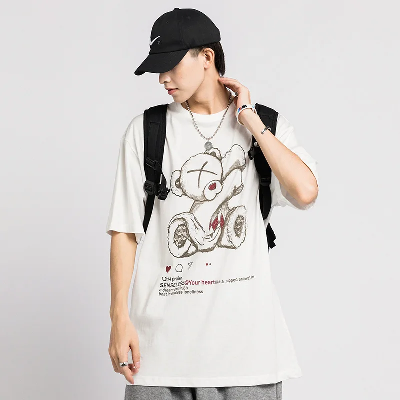 

Japanese trend cartoon purple bear hip hop casual Fun Summer men's simple trend loose short sleeve T-shirt