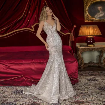 

Sexy Shiny Sequined Evening Dress Long Mermaid V Neck Backless Women Evening Gown Formal Dress Sleeveless