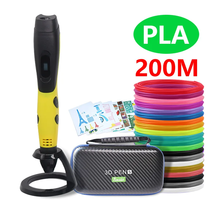 yellow with pla200m Модная 3d-ручка, 3d-ручка для принтера и пластиковый Пластик PLA/ABS, можно использовать на открытом воздухе, питание от USB,, сумка, подарок на Рождество - Цвет: yellow with pla200m
