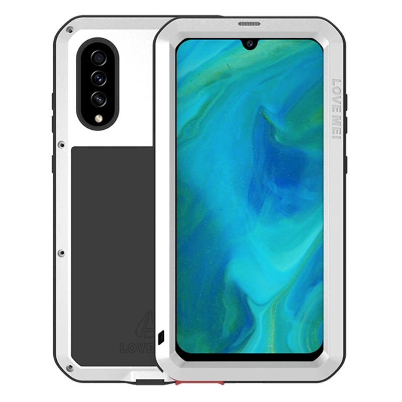 Серебристый Мощный ударопрочный чехол LOVE MEI для samsung Galaxy A70S A707F A707, сверхпрочный чехол, силиконовый металлический чехол, закаленное стекло - Цвет: Серебристый