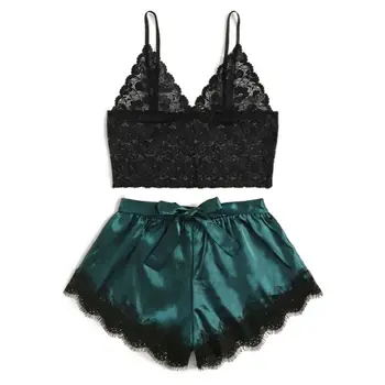 

Women Nightwear See Through Lace Cami Strap Top Satin Bow Shorts Pajamas Set 831A