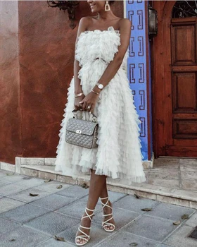 

White Sexy Off Shoulder Strapless Mesh Dress Women Elegant Party Night Tulle Ruffles Dresses Vestidos Summer Formal Dress Robes