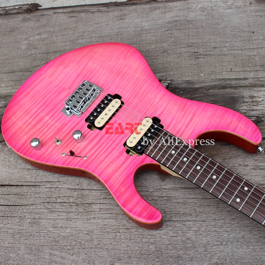 トップ品質eartエレキギターピンク色フレイムメイプルトップ 