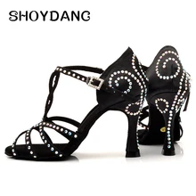 SHOYDANC/Женская обувь для латинских танцев; большие и маленькие стразы; обувь для сальсы; вечерние, свадебные, Бальные Танцевальные Туфли; цвет бронзовый, черный; обувь на высоком каблуке 9 см