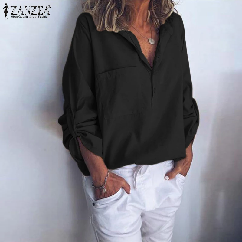  Plus Size Women Laple Neck Blouse ZANZEA Autumn Long Sleeve Buttons Shirt Femininas Solid Work Blus