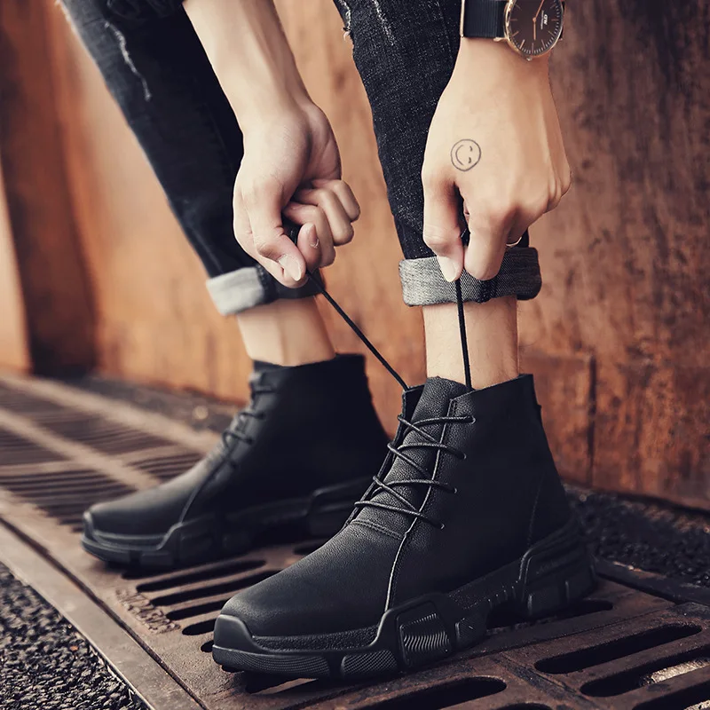 

Winter plus Velvet Work Shoes Men's Hight-top Cool Trend Martin Boots Men's England Casual Leather Shoes Men Ankle Boots