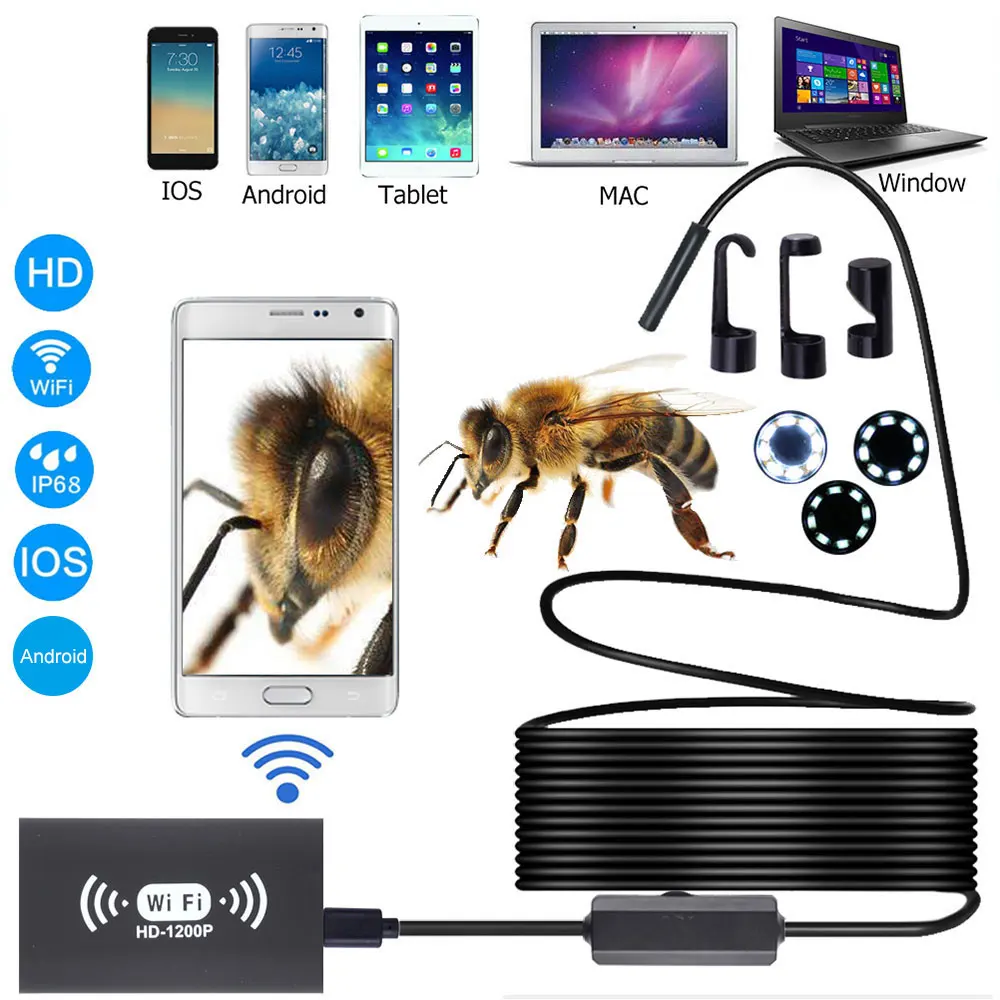 Wi Fi эндоскоп водонепроницаемый мягкий кабель USB HD жесткая линия 8 светодиодов