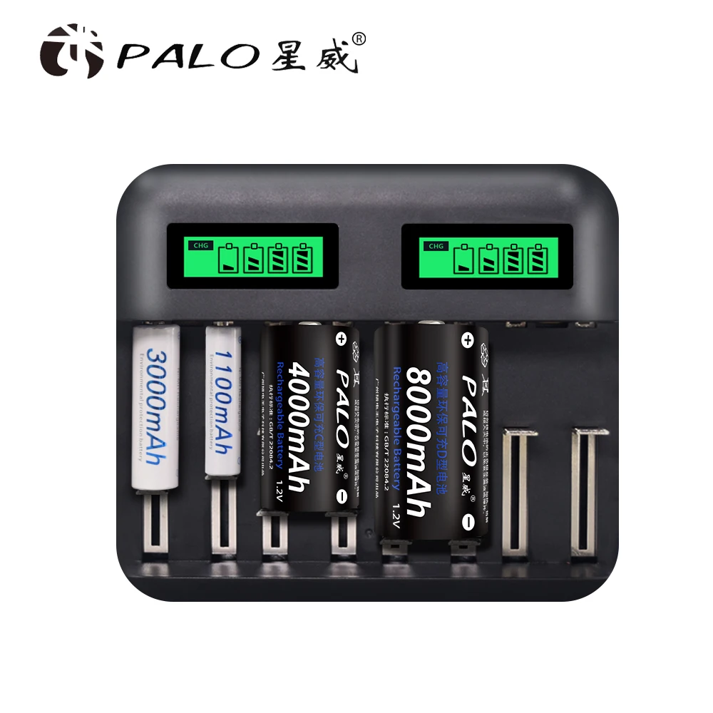 

PALO LCD Display Smart Screen Battery Charger For Ni-MH NI-CD AA/AAA/SC/C/D Size Batteries Rechargeable+4pcs D size battery