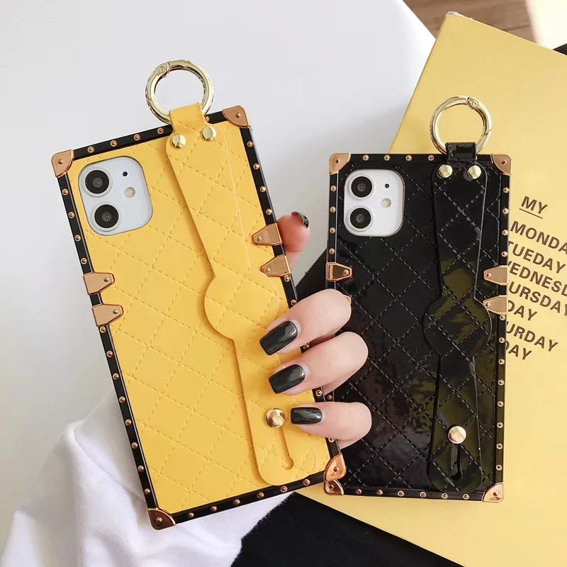Luxury Leather Square Wrist Strap Phone Case For iphone 11Pro SE X 6 7 8Plus XR Xs Max Geometric Vintage Lattice Wristband Cover | Мобильные