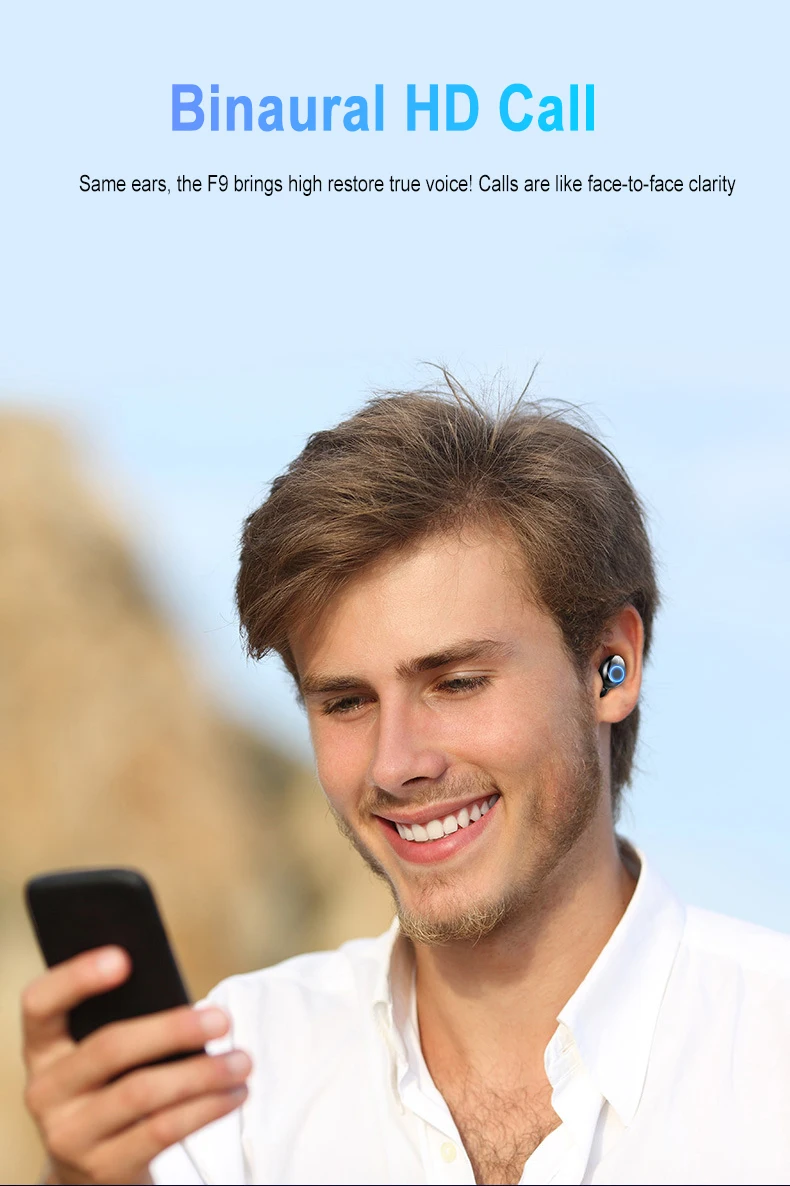 F9 беспроводные наушники Bluetooth V5.0 TWS, беспроводные Bluetooth наушники, светодиодный дисплей, 2000 мАч, внешний аккумулятор, гарнитура с микрофоном