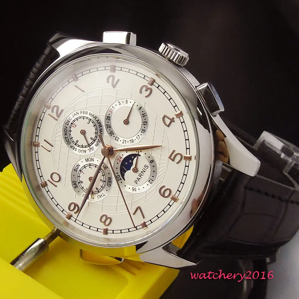 

44mm parnis white dial Moon Phase date Day Gold marks Automatic movement mens watch
