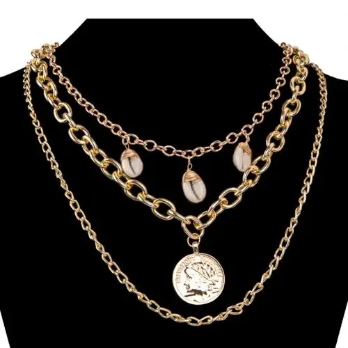 Golden Женские богемные Многослойные Seashell медальон Монета Подвесные цепи ожерелье - Окраска металла: Golden