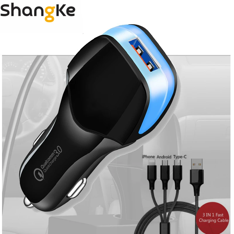 Зарядных порта USB для автомобиля Зарядное устройство Quick Charge 3,0 Универсальный светодиодный автомобиль-Зарядное устройство адаптер для iPhone samsung xiaomi с 3-в-1 кабель быстрой зарядки страховочный трос