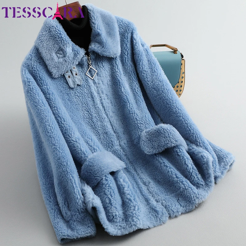 TESSCARA/женская зимняя теплая шерстяная смесь, простая куртка-пальто, Высококачественная женская меховая кожаная замшевая синяя куртка, верхняя одежда и пальто