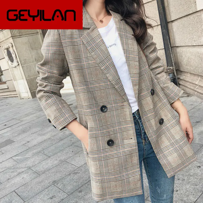 

Autumn new retro loose ladies suit jacket female Korean casual double-breasted long-sleeved plaid women's blazer 2019