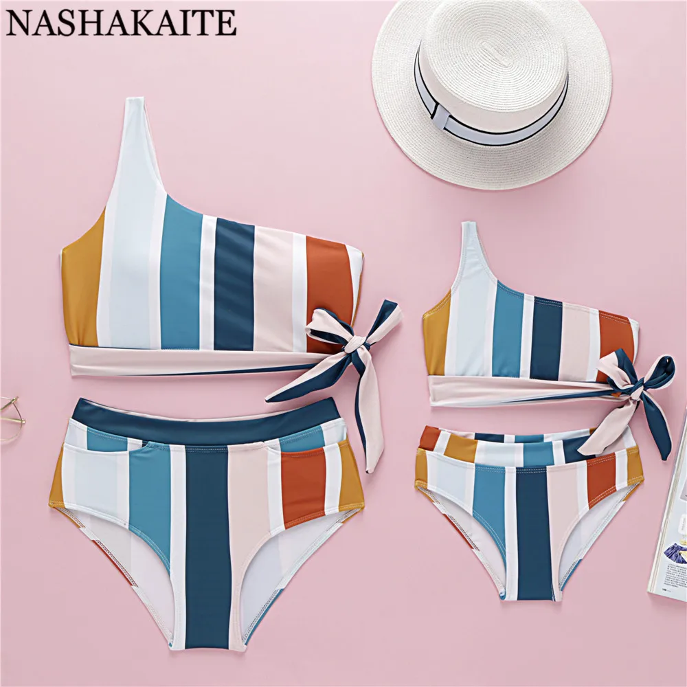 NASHAKAITE Mathing купальник Семейные комплекты печати бикини с начесом комплект для мамы и дочки пляжная одежда купальники - Цвет: Stripe Bikini